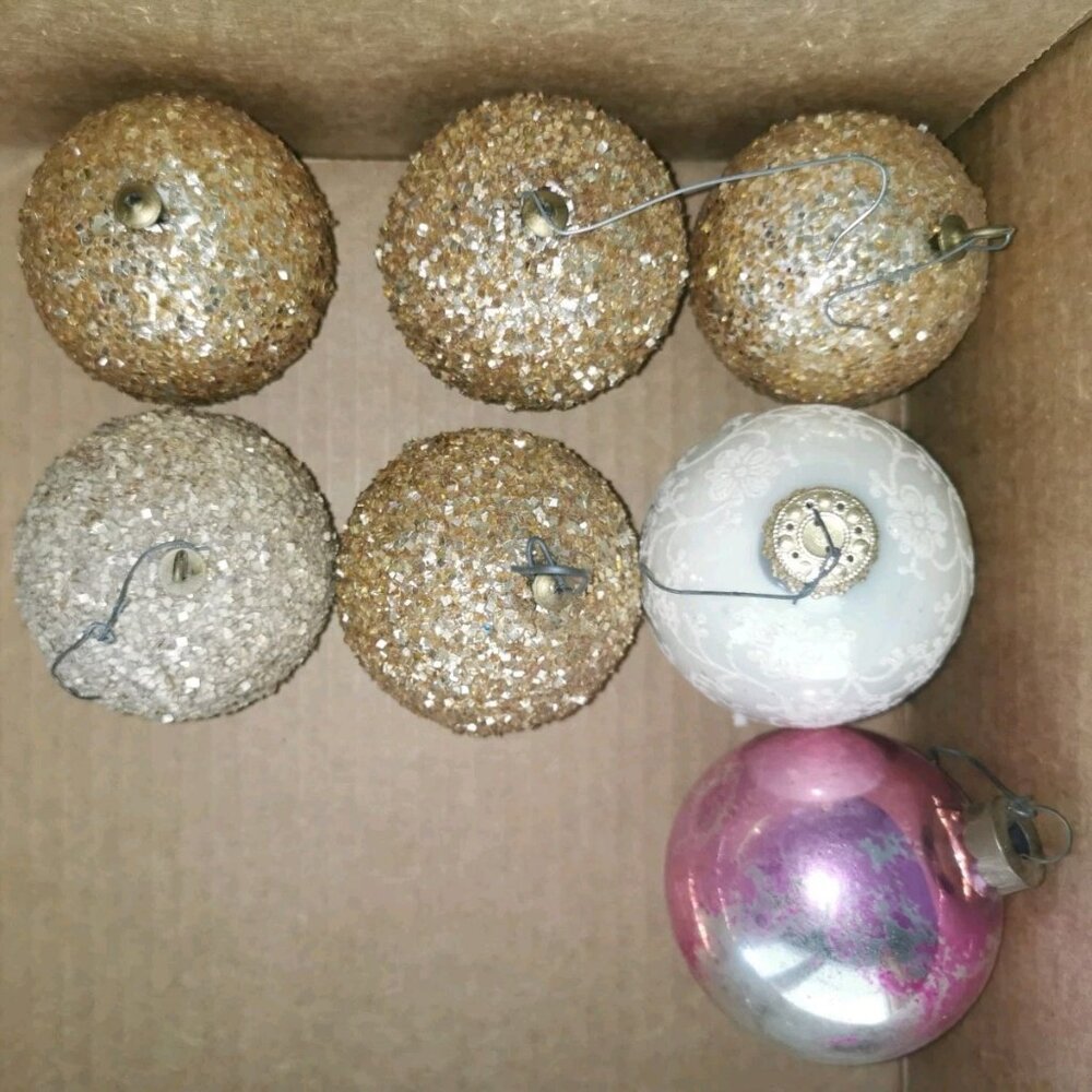 Lot 7 Vintage Christmas Balls Bulbs Ornaments 1960s Multicolored Glitter